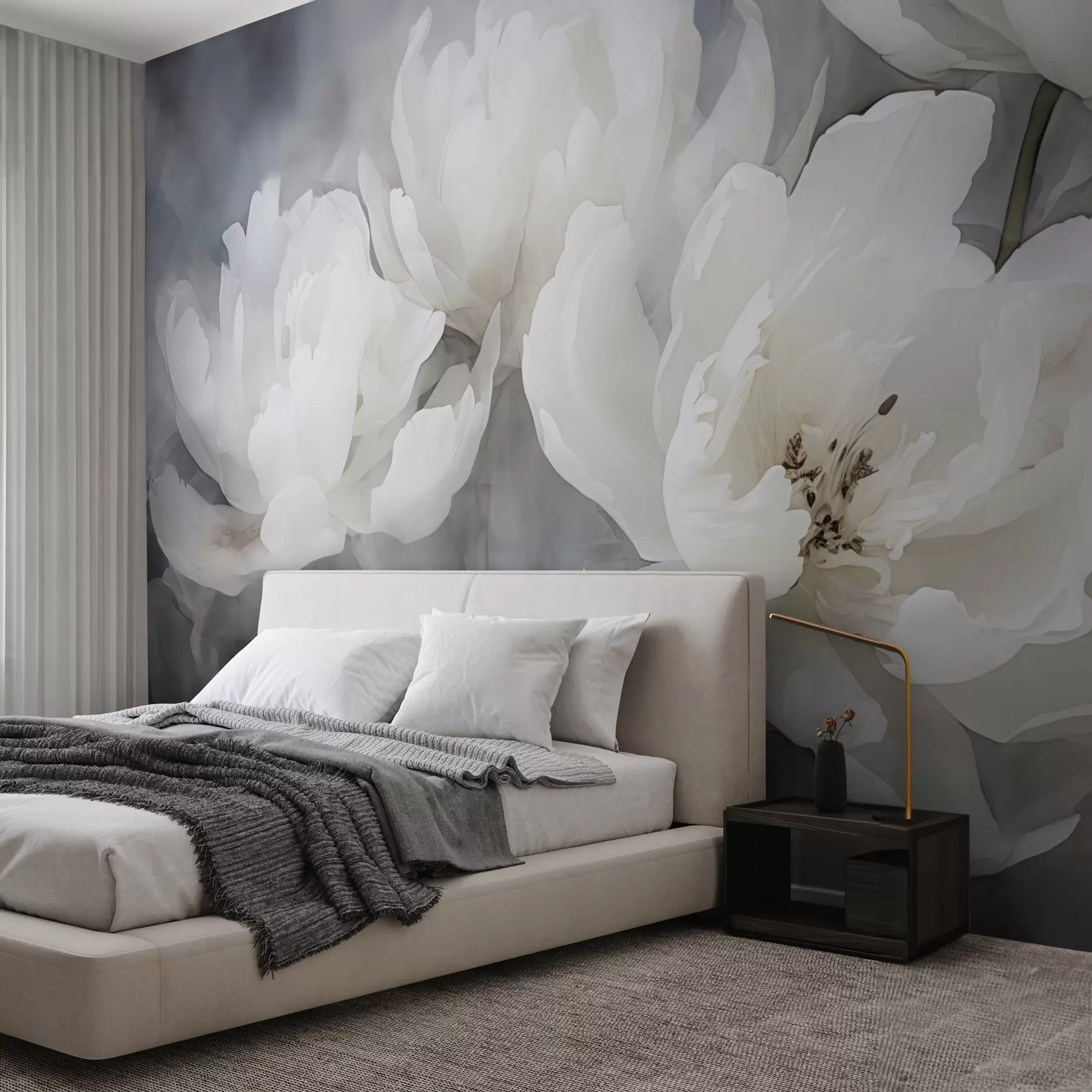 murales de pared Flores blancas sobre un fondo brumoso y delicado w04441
