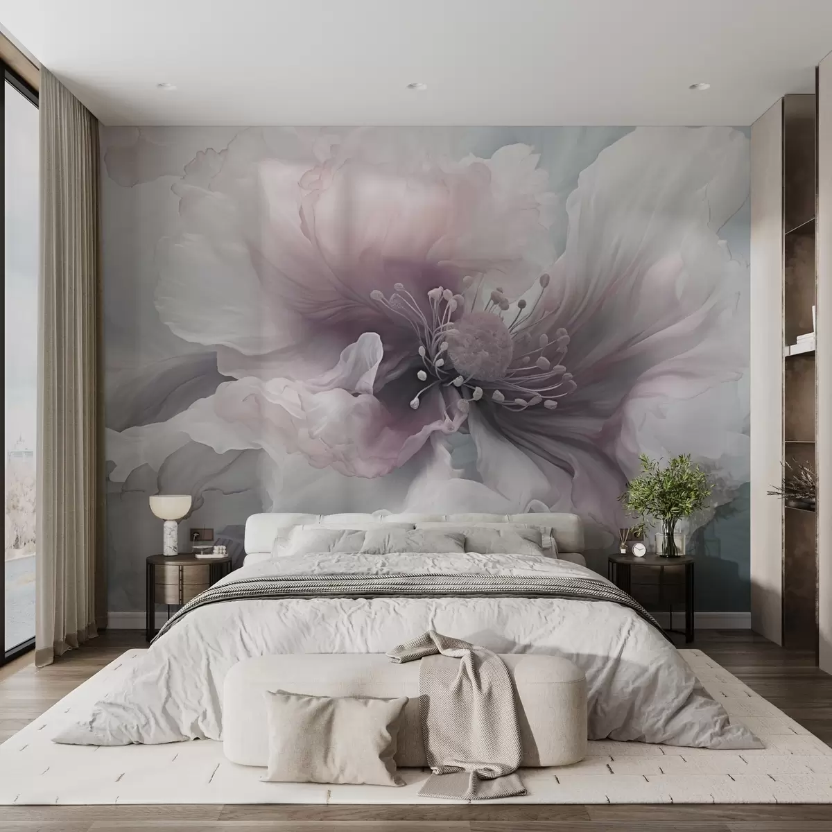 murales de pared Delicada flor con pétalos rosas y blancos w04446