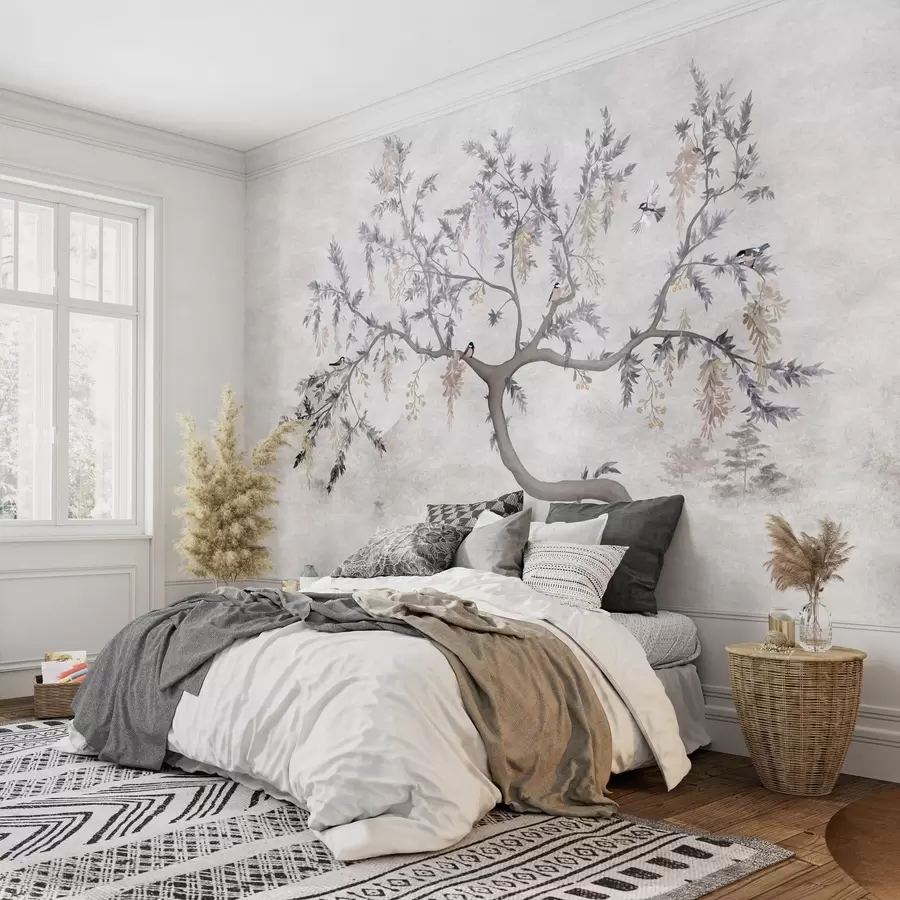 murales de pared Rama de árbol con pájaros en estilo oriental w04456