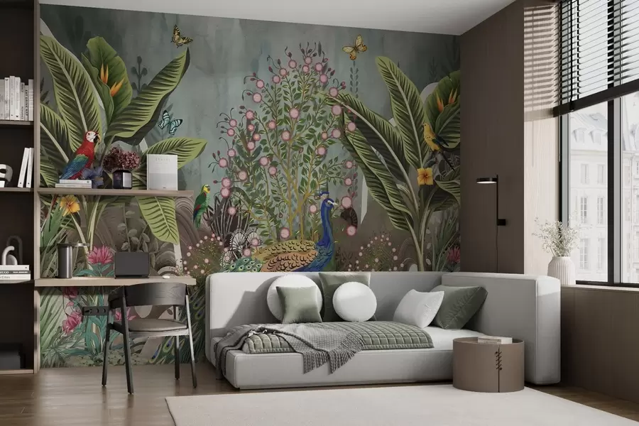 murales de pared Brillantes pájaros tropicales y pavos reales entre plantas exóticas w04457