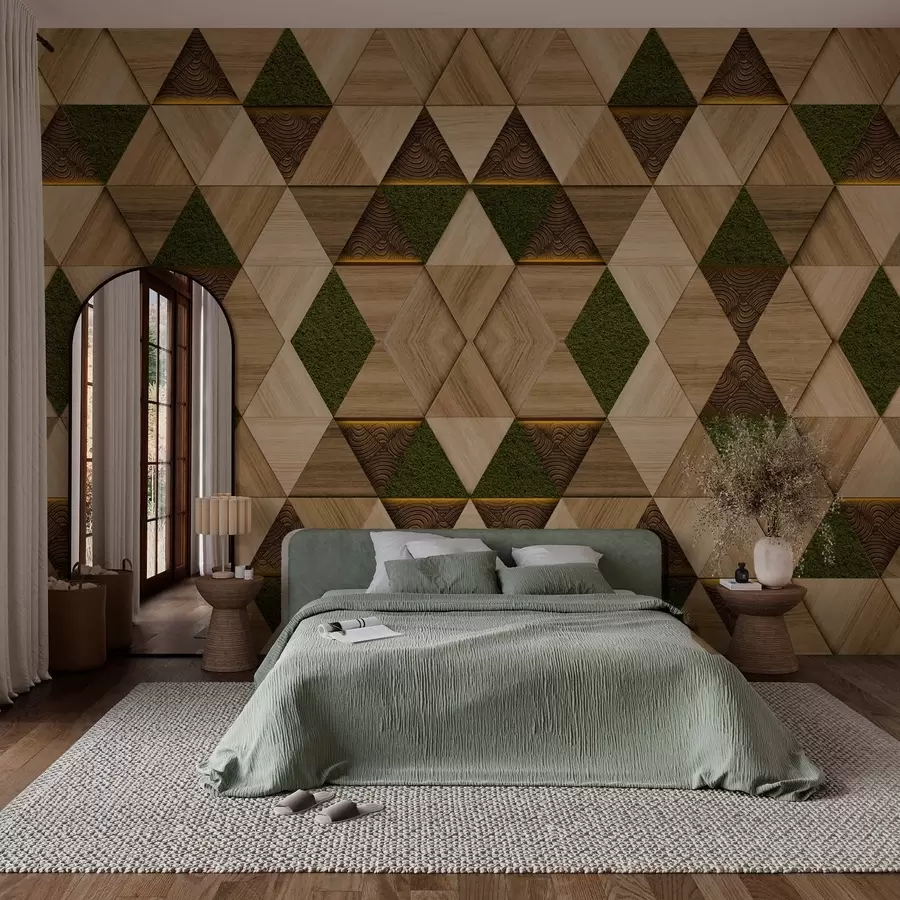 murales de pared Adorno geométrico de madera con musgo w04459