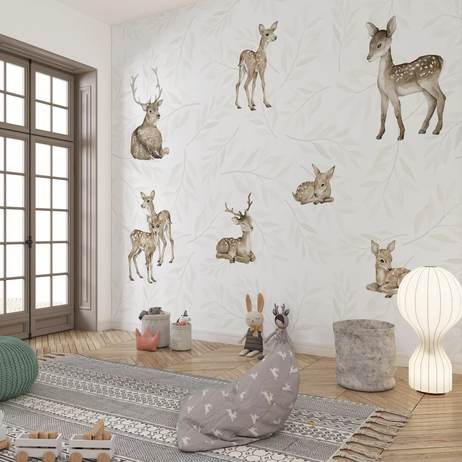 murales de pared Lindos cervatillos sobre un fondo claro con ramitas w04461