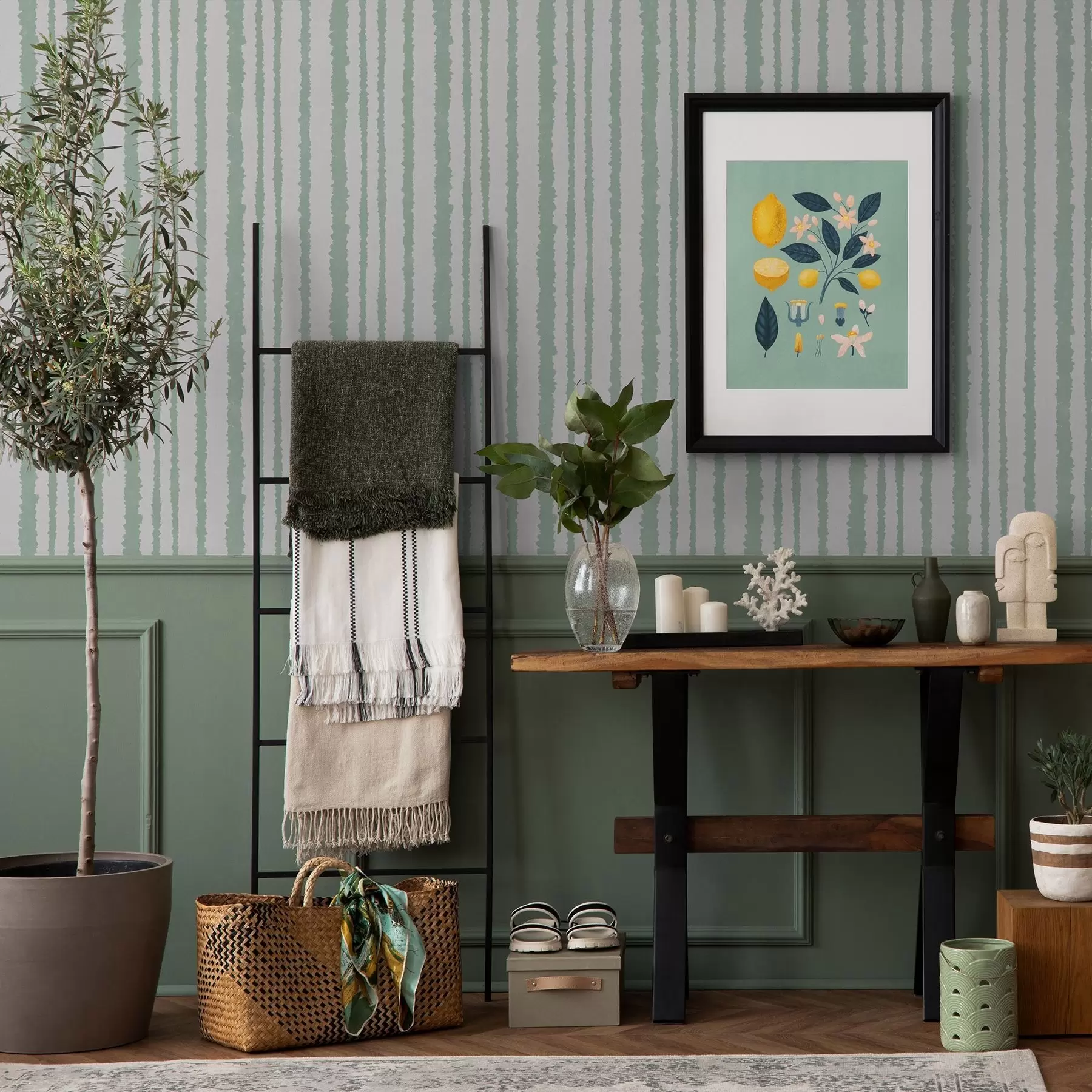 murales de pared Rayas desiguales de color menta sobre fondo blanco a00510