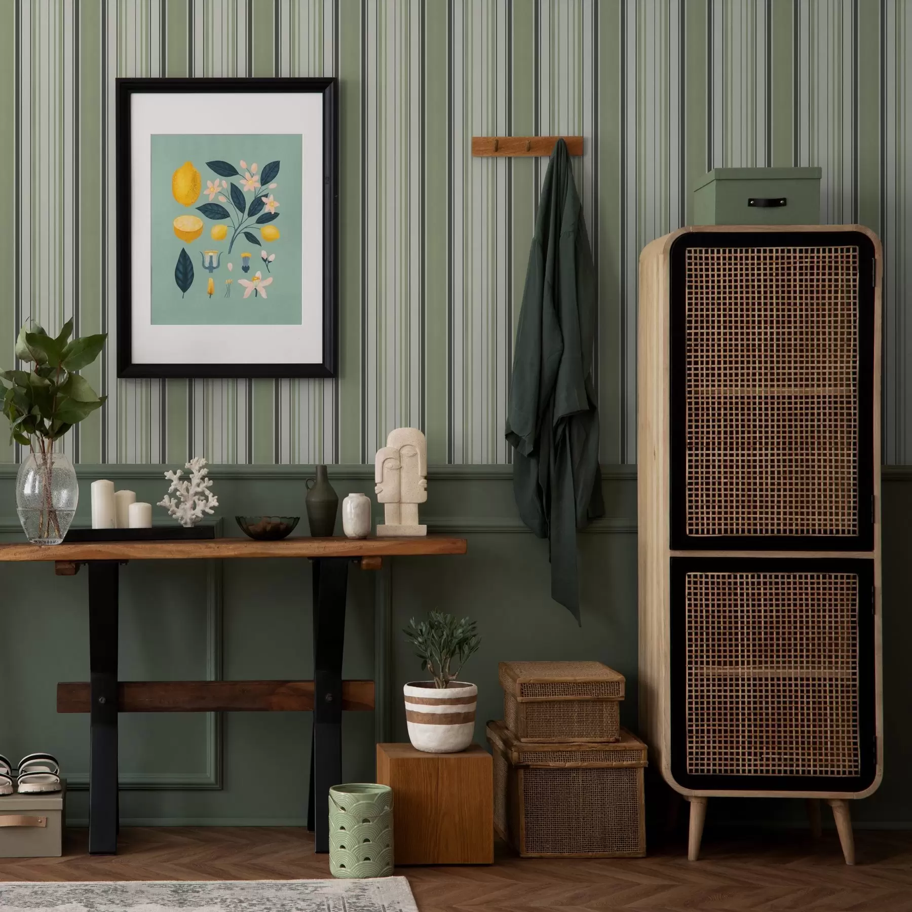 murales de pared Fondo crema con una mezcla de rayas verdes y negras a00563