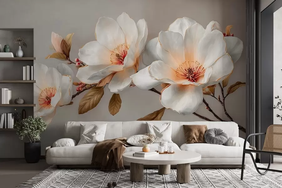 murales de pared Delicadas flores sobre una rama en tonos pastel con el centro naranja w09299