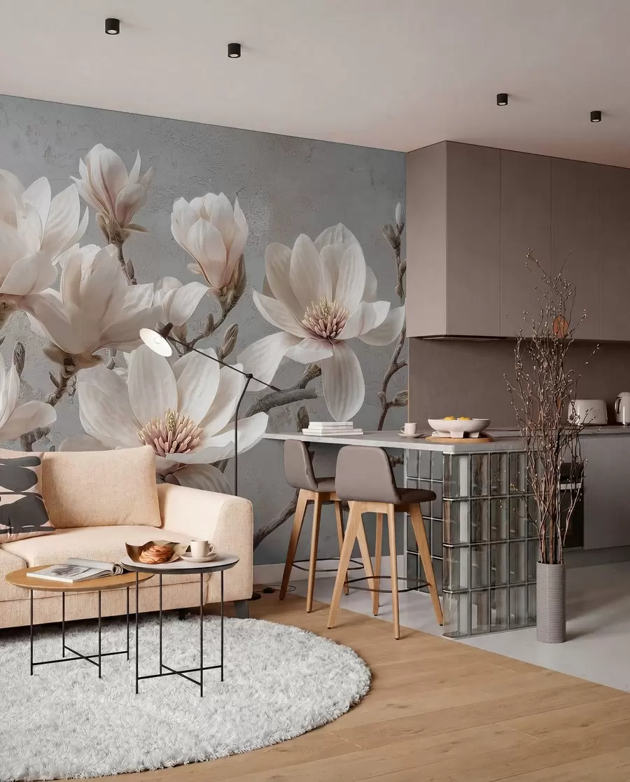 murales de pared Ramas de magnolia con grandes flores claras en tonos apagados w09305