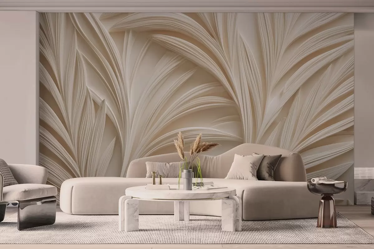 murales de pared Hojas decorativas de color beige en estilo 3D w09351