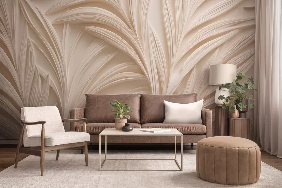 murales de pared Hojas decorativas de color beige en estilo 3D w09351