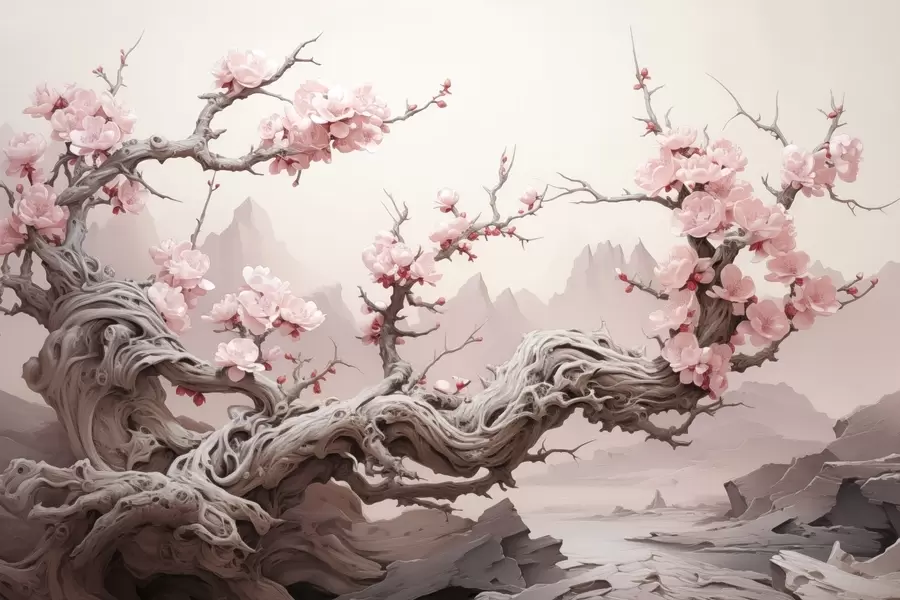 murales de pared Tronco de árbol retorcido con sakura rosa en flor w09388