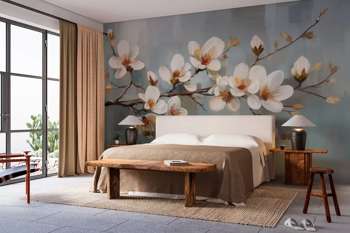 murales de pared Una rama en flor al estilo de la pintura al óleo sobre fondo azul w04496