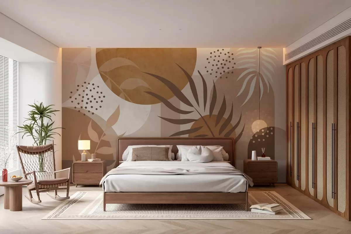 murales de pared Abstracción contemporánea con plantas en tonos marrones y beige w04497