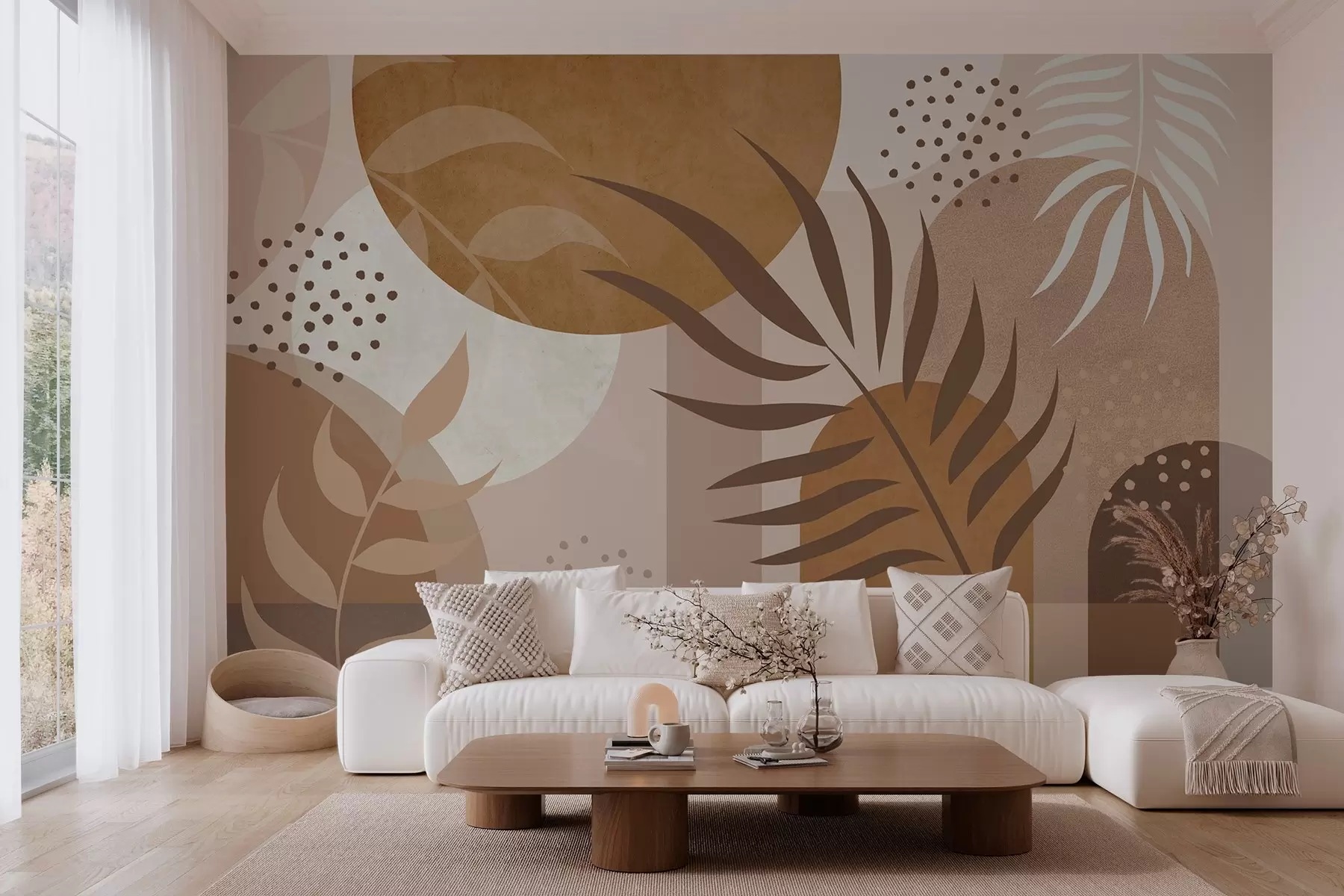 murales de pared Abstracción contemporánea con plantas en tonos marrones y beige w04497