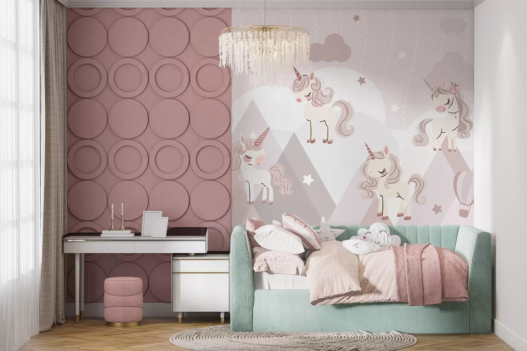 murales de pared Unicornios en montañas de cuento de hadas w04540