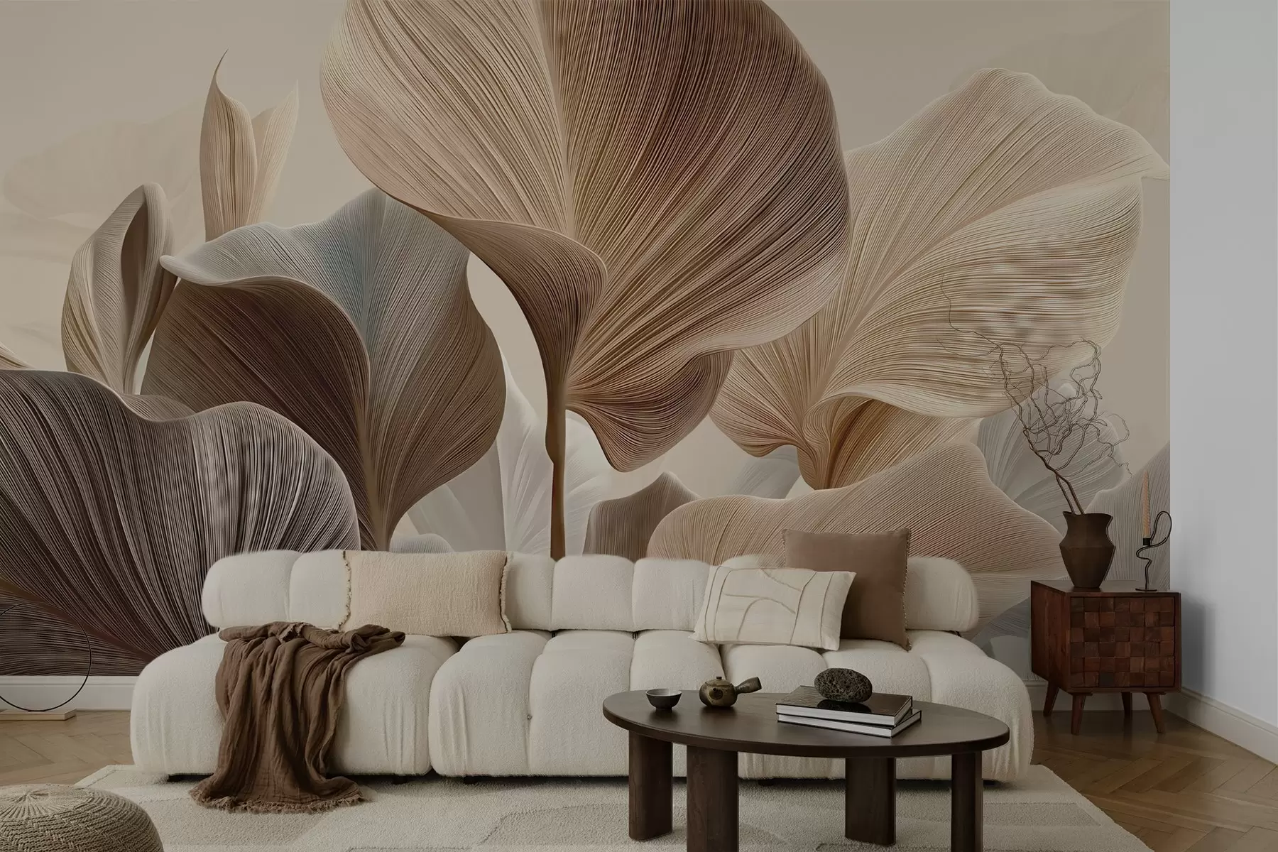 murales de pared Hojas elegantes de color beige con una textura lineal fina w04549