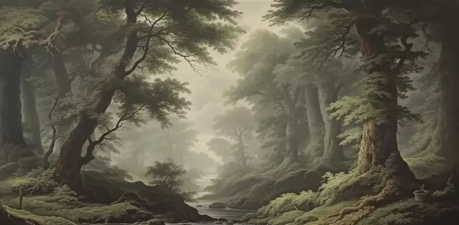 murales de pared Bosque brumoso con río y árboles antiguos de gran altura w04555