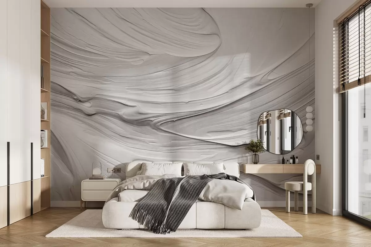 murales de pared Imitaciones de pinceladas abstractas de pintura blanca con textura y un patrón en espiral, composición moderna minimalista y neutra w09394
