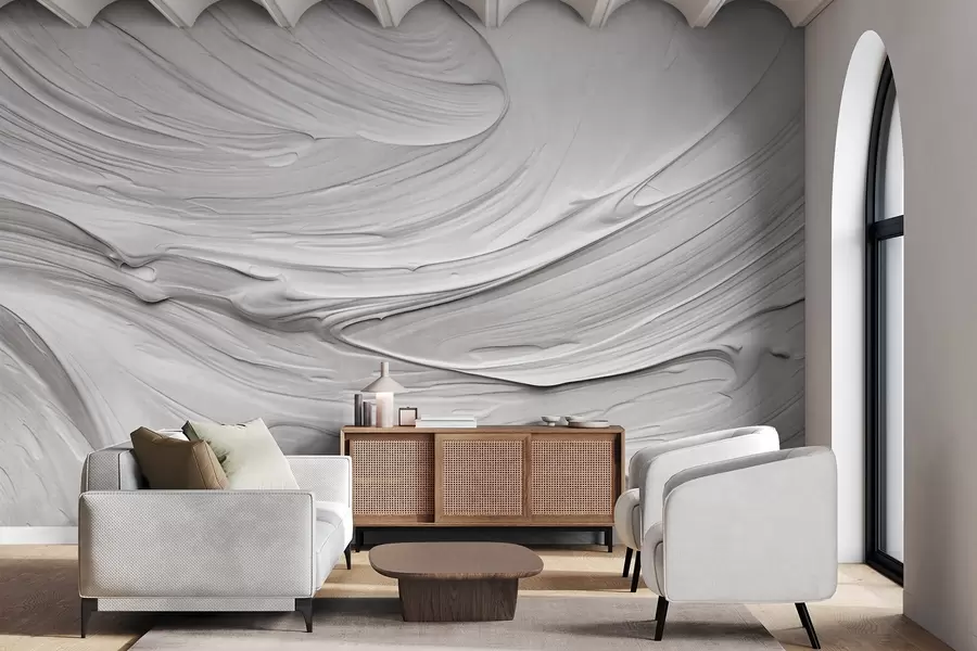 murales de pared Imitaciones de pinceladas abstractas de pintura blanca con textura y un patrón en espiral, composición moderna minimalista y neutra w09394
