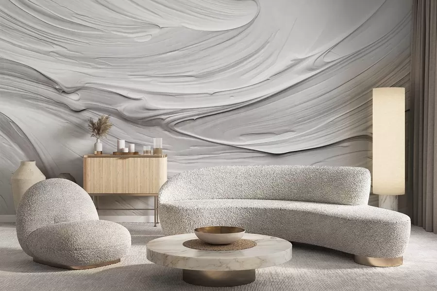 murales de pared Imitaciones de pinceladas abstractas de pintura blanca con textura y un patrón en espiral, composición moderna minimalista y neutra w09394