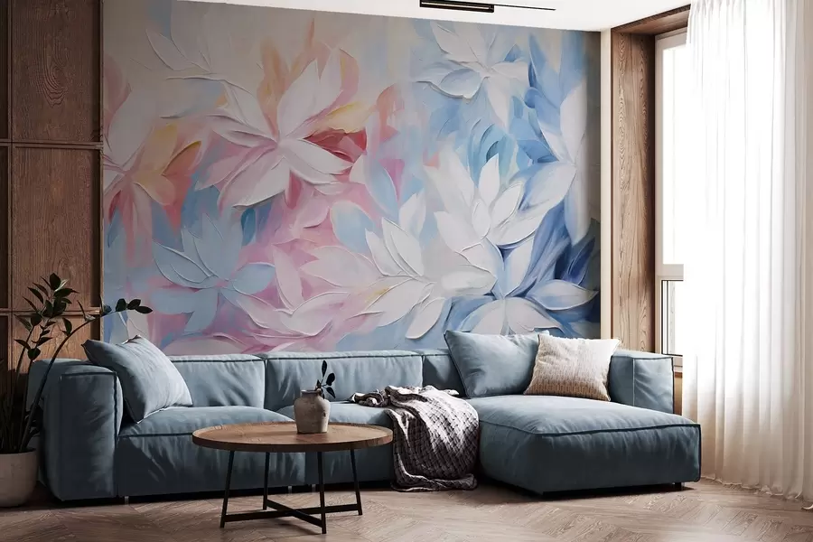 murales de pared Flores blancas con textura y hojas rosas y azules, pintura al óleo de estilo abstracto, pinceladas suaves, colores pastel w09396