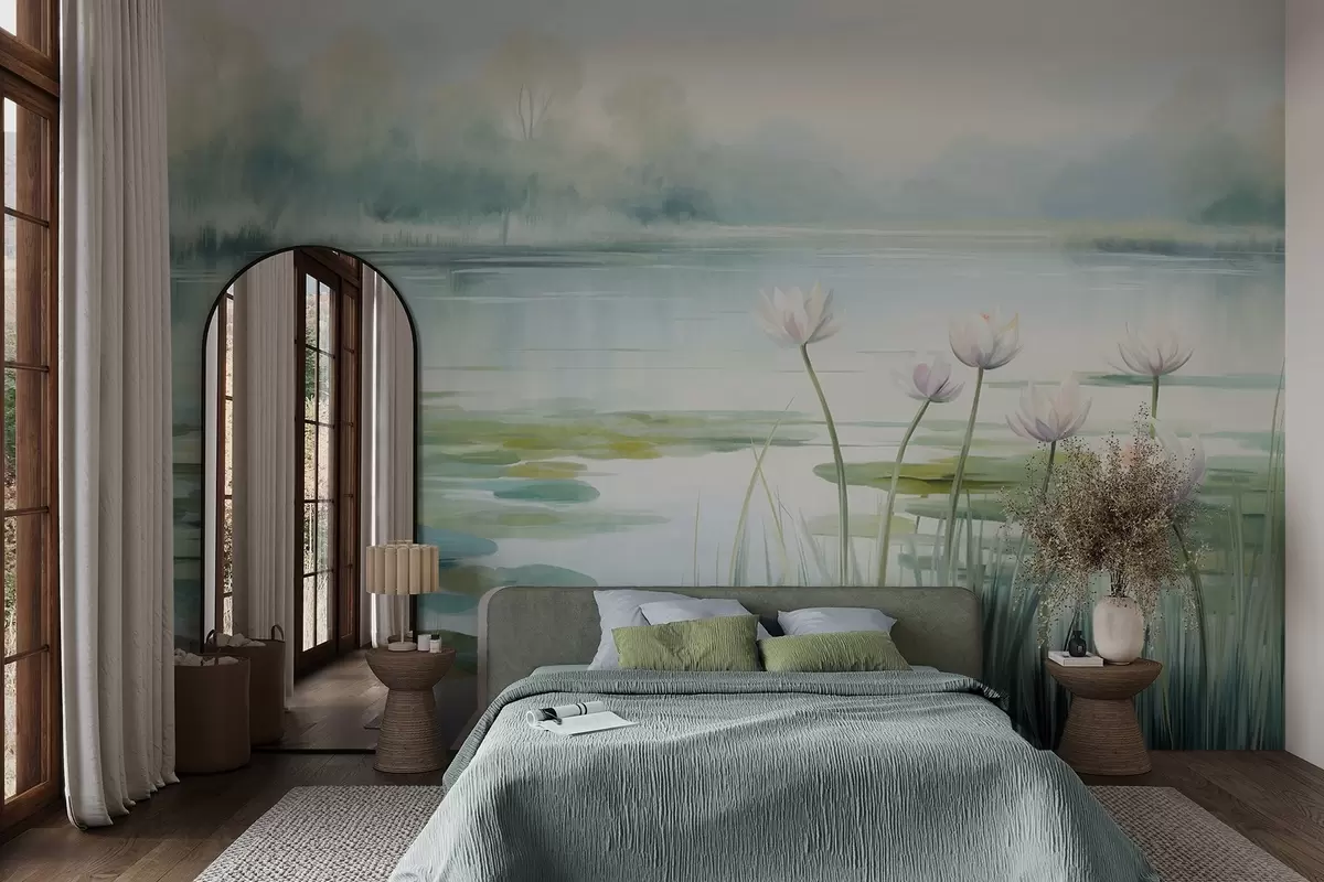 murales de pared Paisaje con un lago, nenúfares y hojas de nenúfar, árboles al fondo, en un entorno tranquilo, tonos azul claro y verde w09395