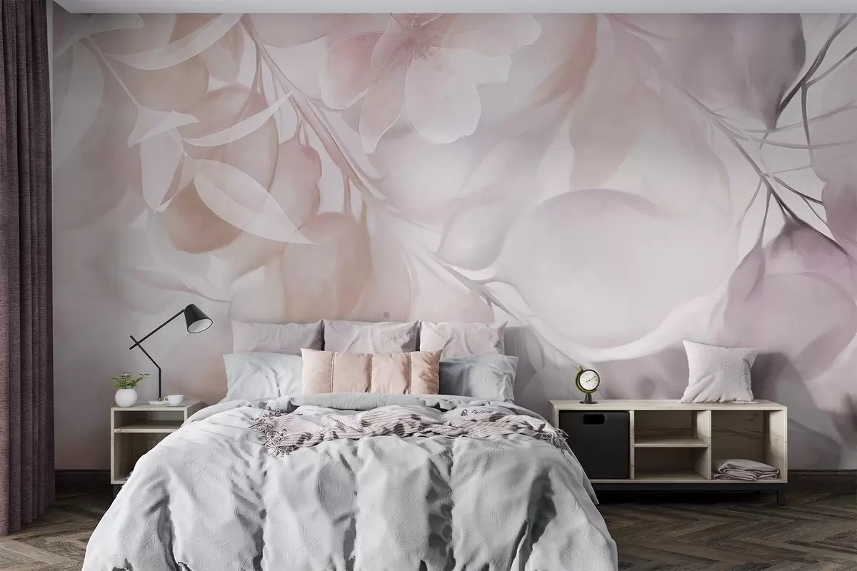 murales de pared Arte floral con flores, hojas y ramas en tonos beige y marrón apagados, colores pastel suaves y efecto texturizado acuarela w09397