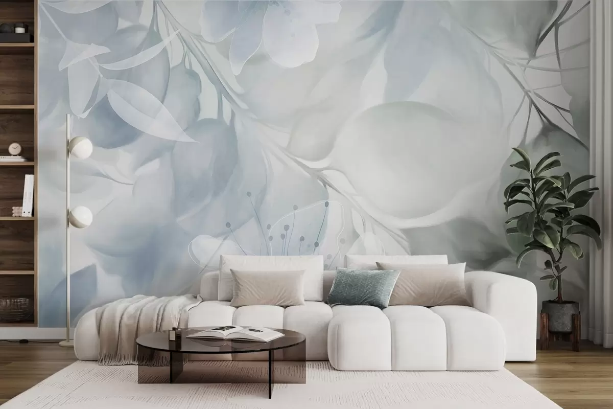 murales de pared Arte floral con flores, hojas y ramas en tonos azules y verdes apagados, colores pastel suaves y efecto textura acuarela w09397v1