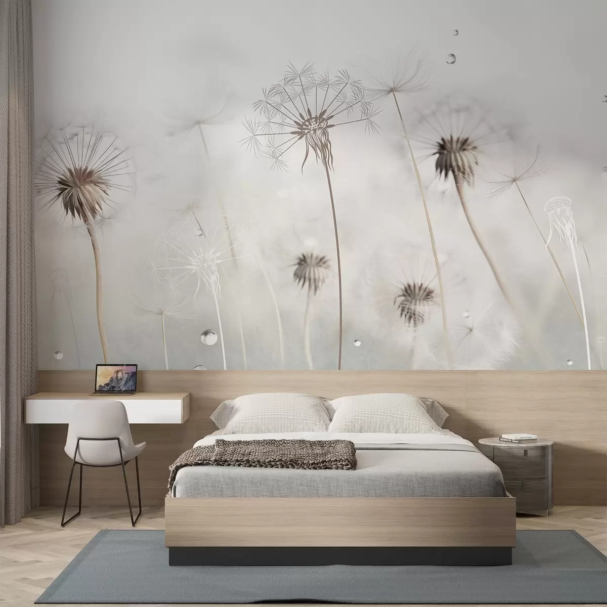 murales de pared Dientes de león con gotas de agua, fondo blanco, primer plano, luz suave, naturaleza, botánico, etéreo, delicado, minimalista w09399
