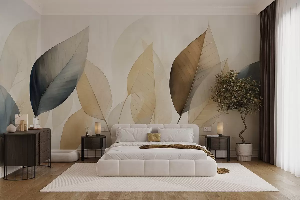murales de pared Pintura texturizada imitación de hojas en tonos marrones, amarillos y grises, con delicadas venas y tallos w09400