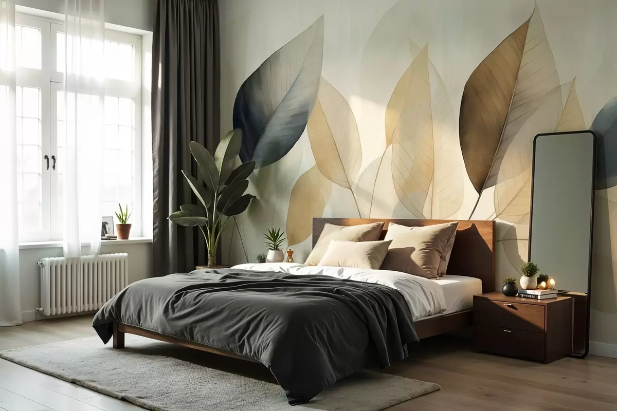Murales de pared Pintura texturizada imitación de hojas en tonos marrones, amarillos y grises, con delicadas venas y tallos w09400 murales de pared Pintura texturizada imitación de hojas en tonos marrones, amarillos y grises, con delicadas venas y tallos w09400