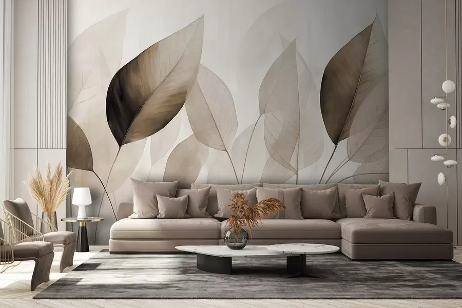 murales de pared Pintura texturizada imitación de hojas en tonos marrones y beige con delicadas venas y tallos w09400v1