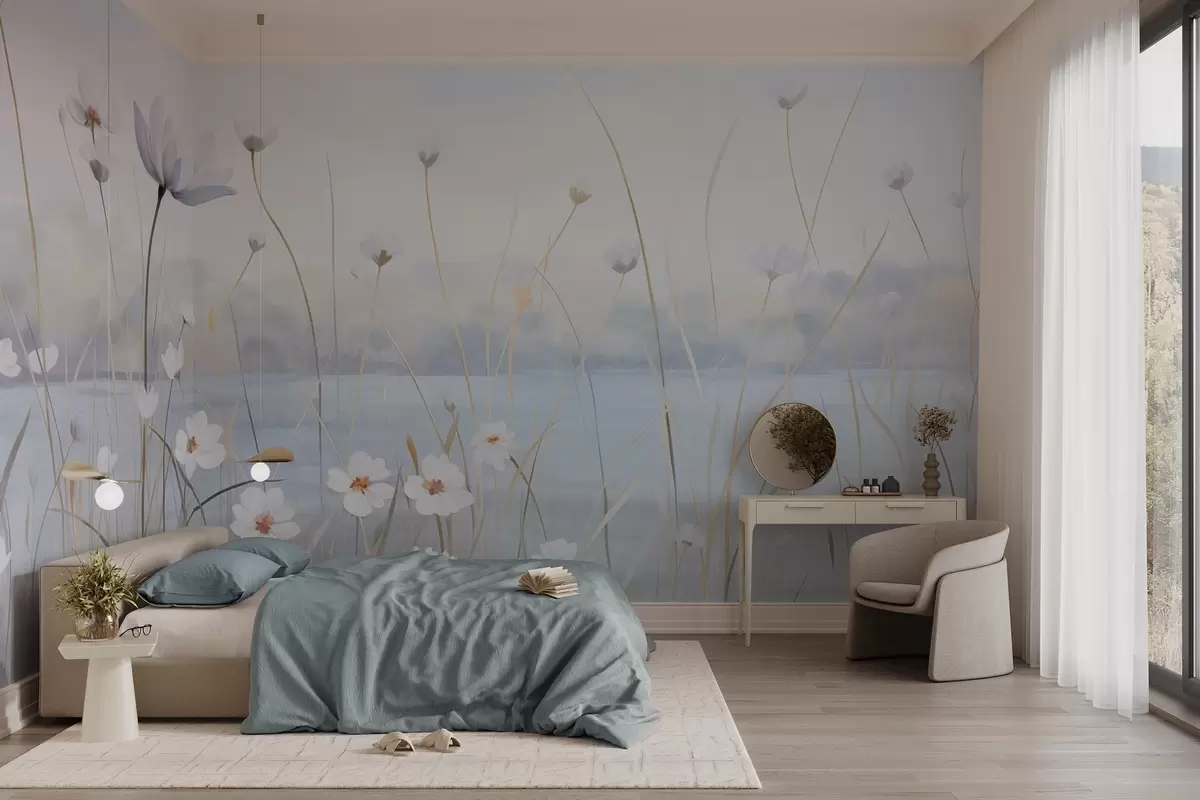 murales de pared Flores blancas con tallos largos en un campo, cielo azul claro, colores suaves, textura, estilo minimalista, inspirado en la naturaleza, fondo tranquilo w09401