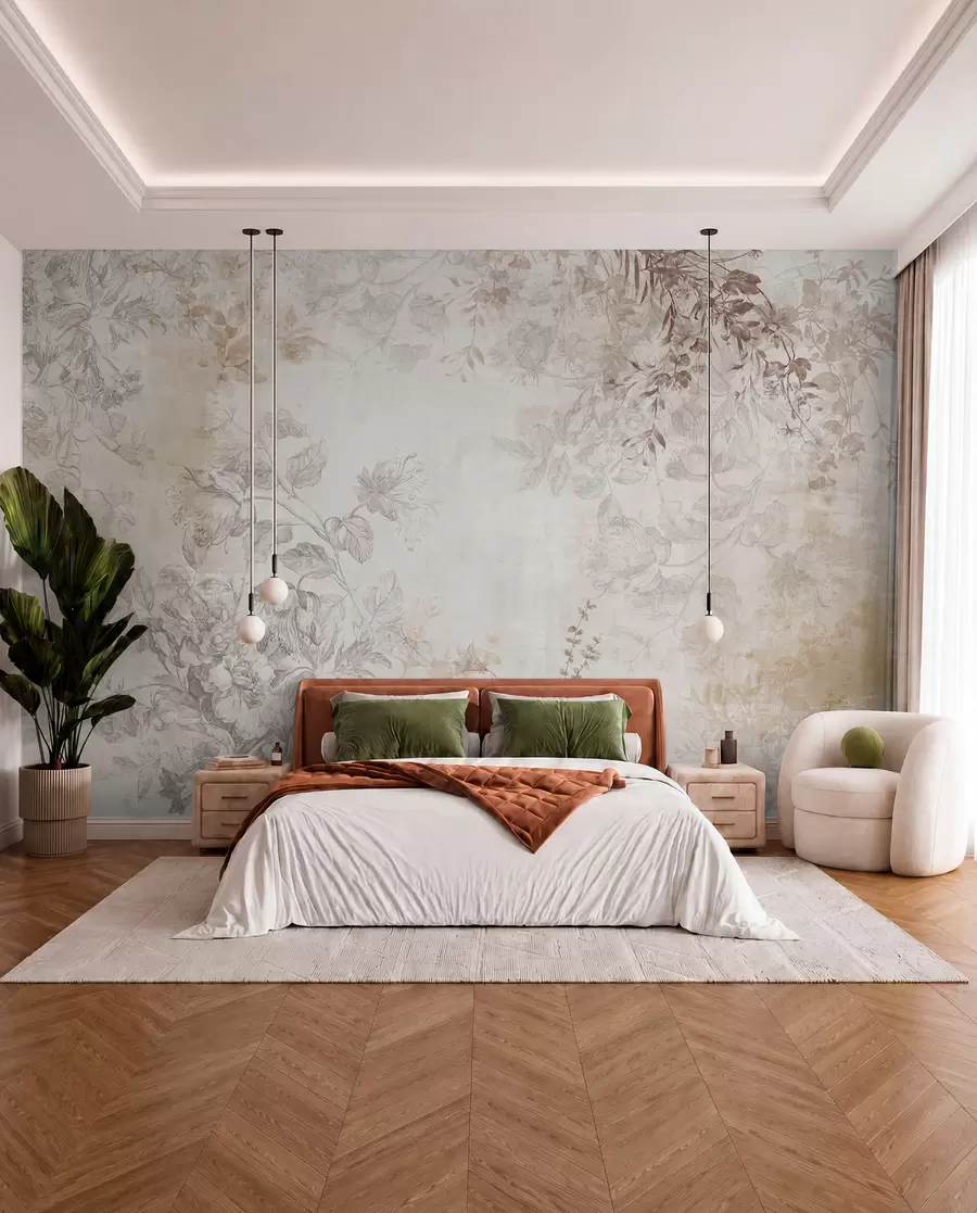 murales de pared Arte floral vintage con textura, ilustraciones de delicadas flores y hojas de jardín en estilo dibujo, suaves tonos pastel beige y sepia w09402