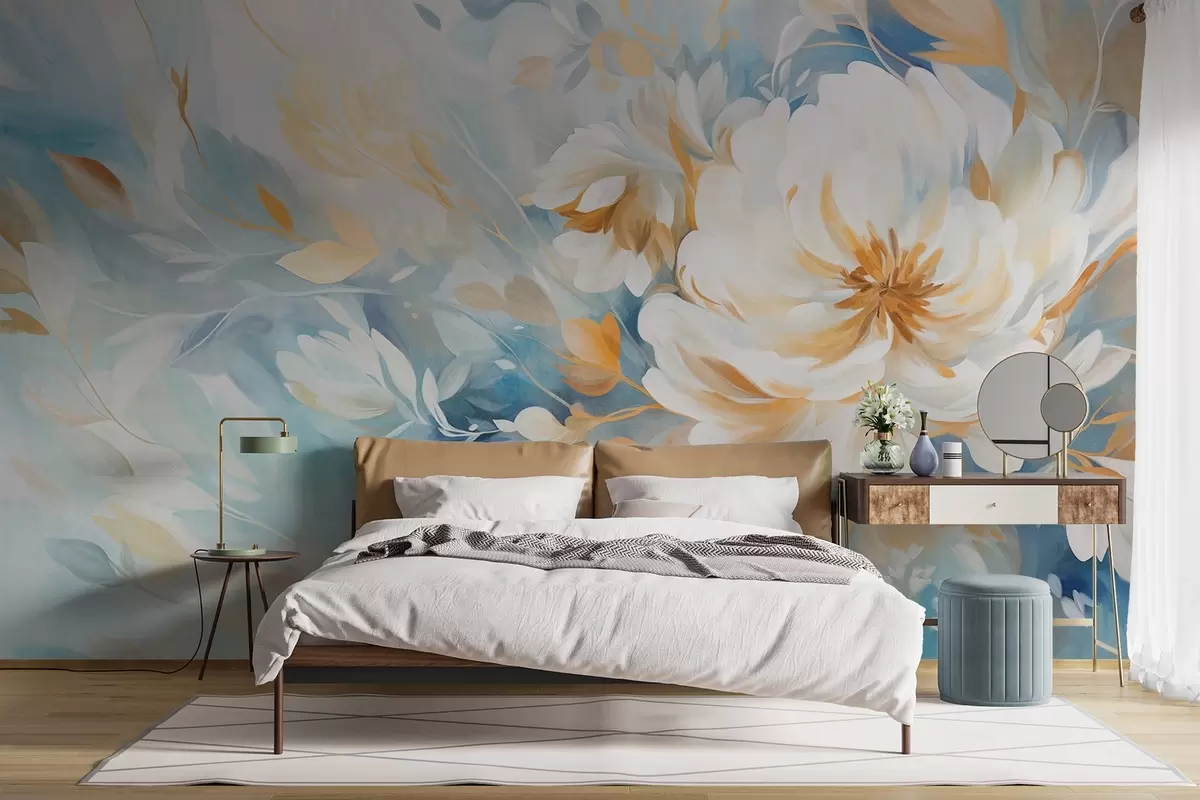 murales de pared Flor blanca texturizada con detalles azules y amarillos y hojas sobre un fondo abstracto azul y blanco, estilo pictórico w09403