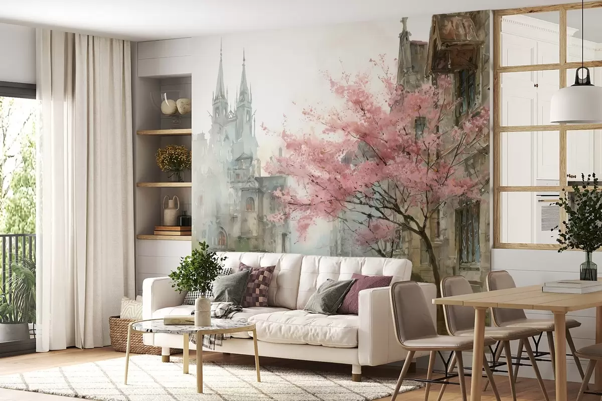 murales de pared paisaje urbano en estilo acuarela w04500