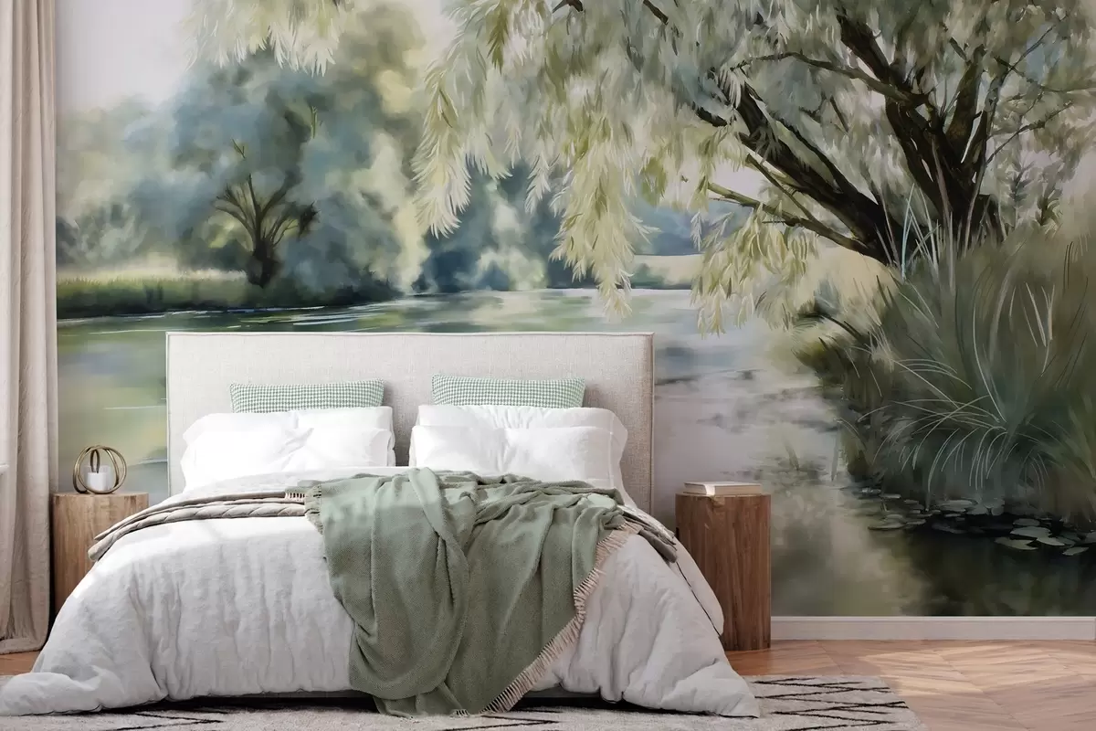 murales de pared árbol de estilo acuarela sobre el lago w04501