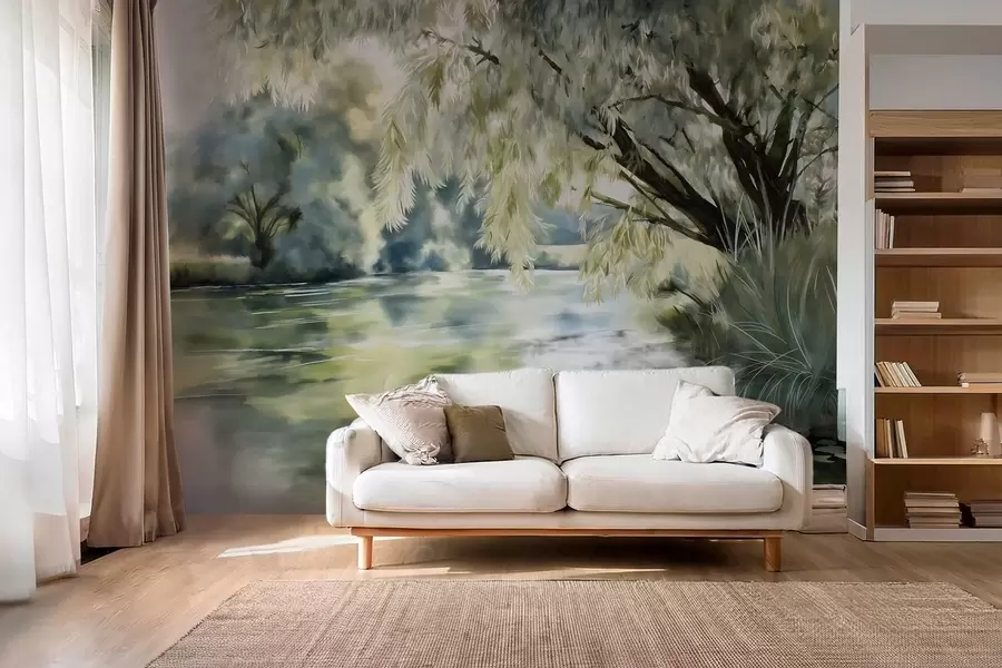 murales de pared árbol de estilo acuarela sobre el lago w04501