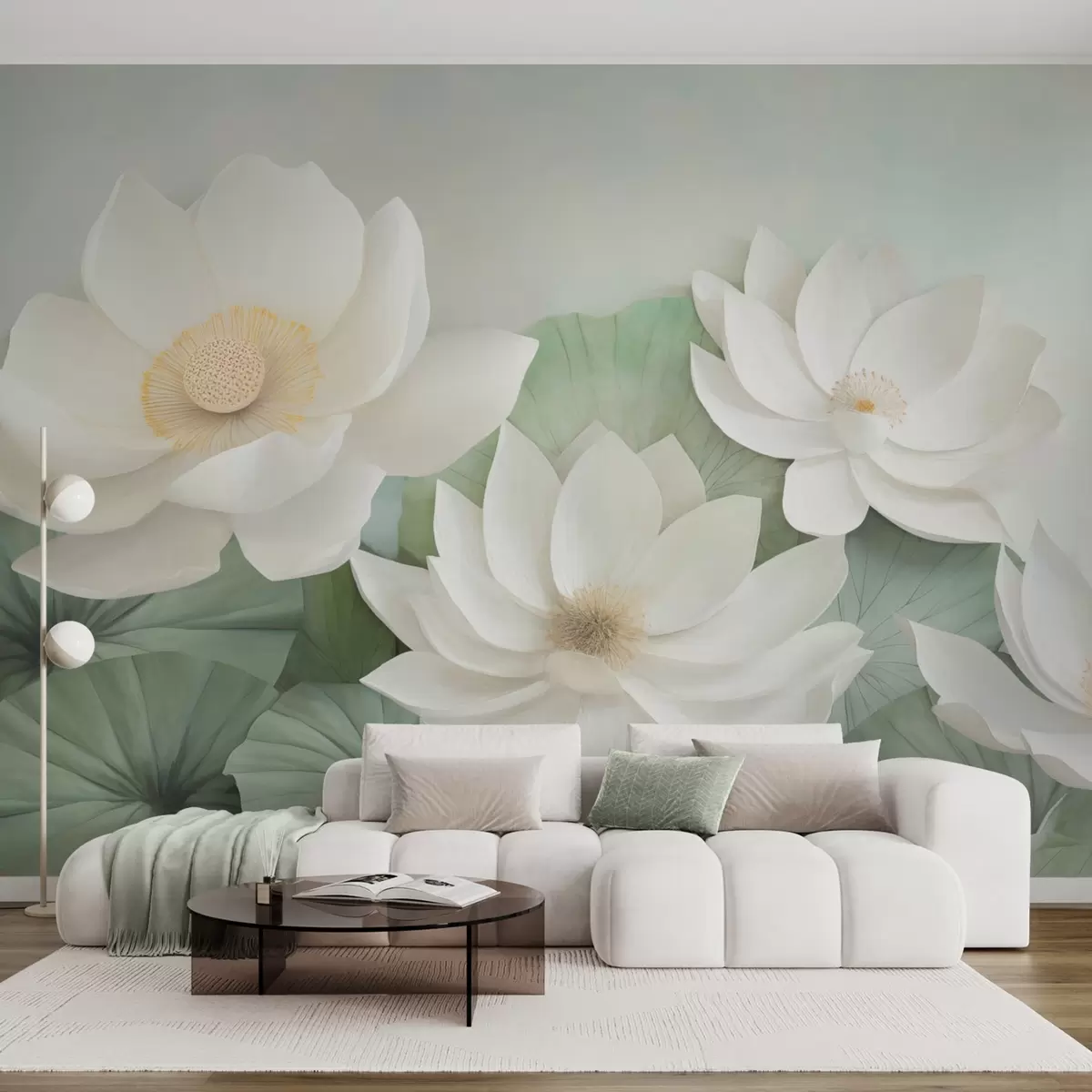 murales de pared Flores de loto en el follaje w04539