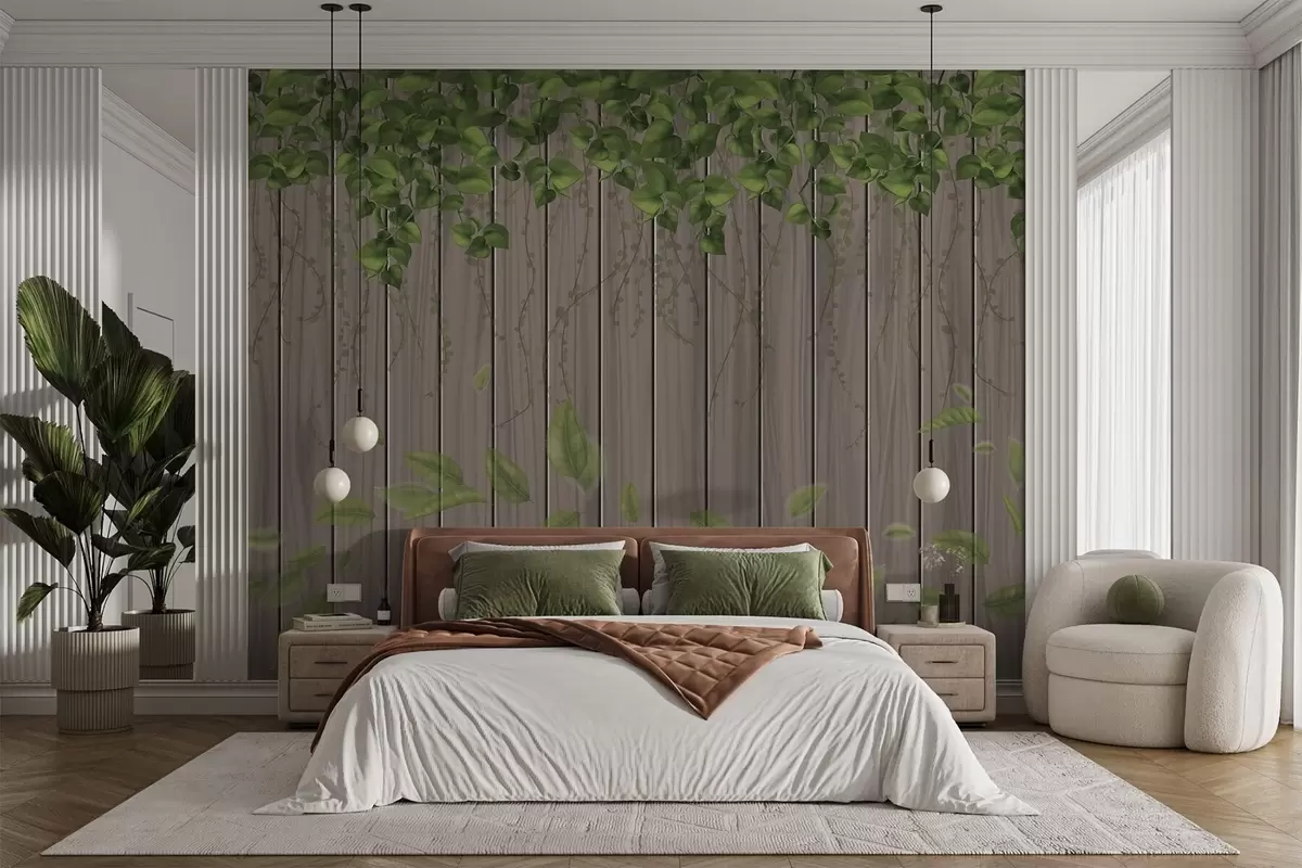 murales de pared Tablas de madera imitación con hojas colgantes w04603