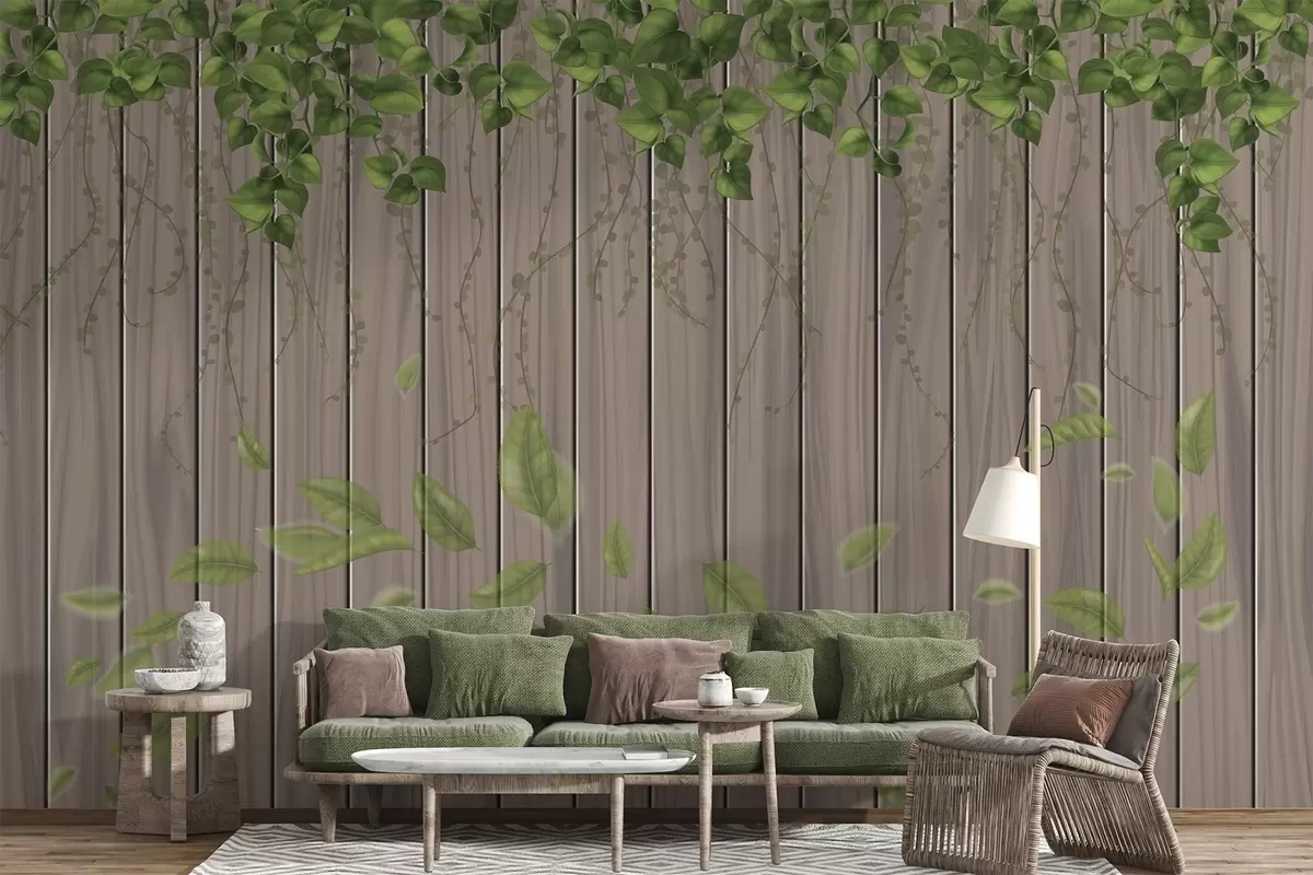 murales de pared Tablas de madera imitación con hojas colgantes w04603