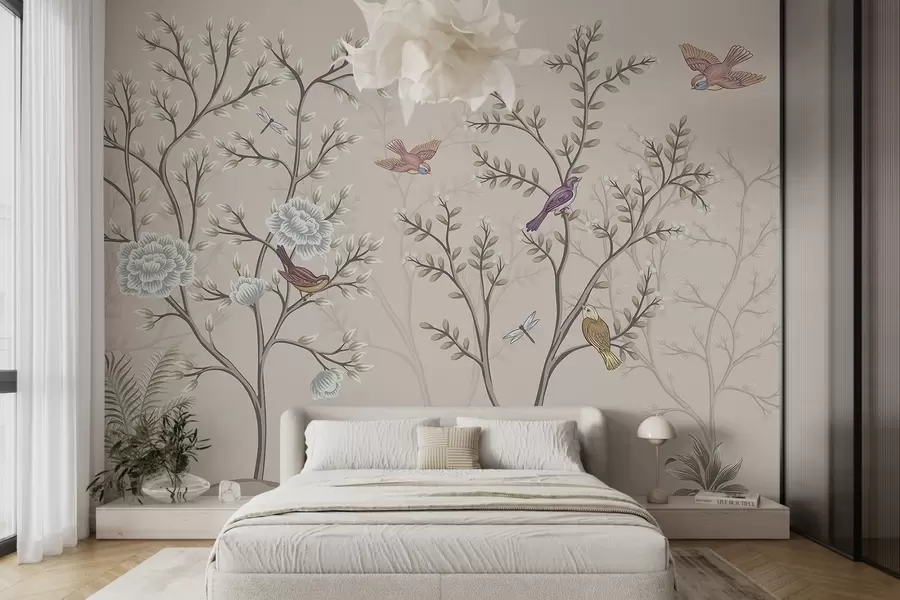 murales de pared Árboles con pájaros y flores w04605