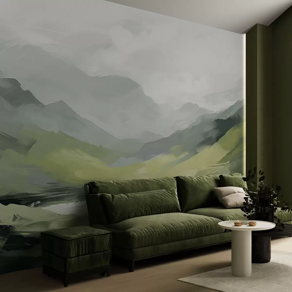 murales de pared Paisaje montañoso abstracto en tonos verdes w04447