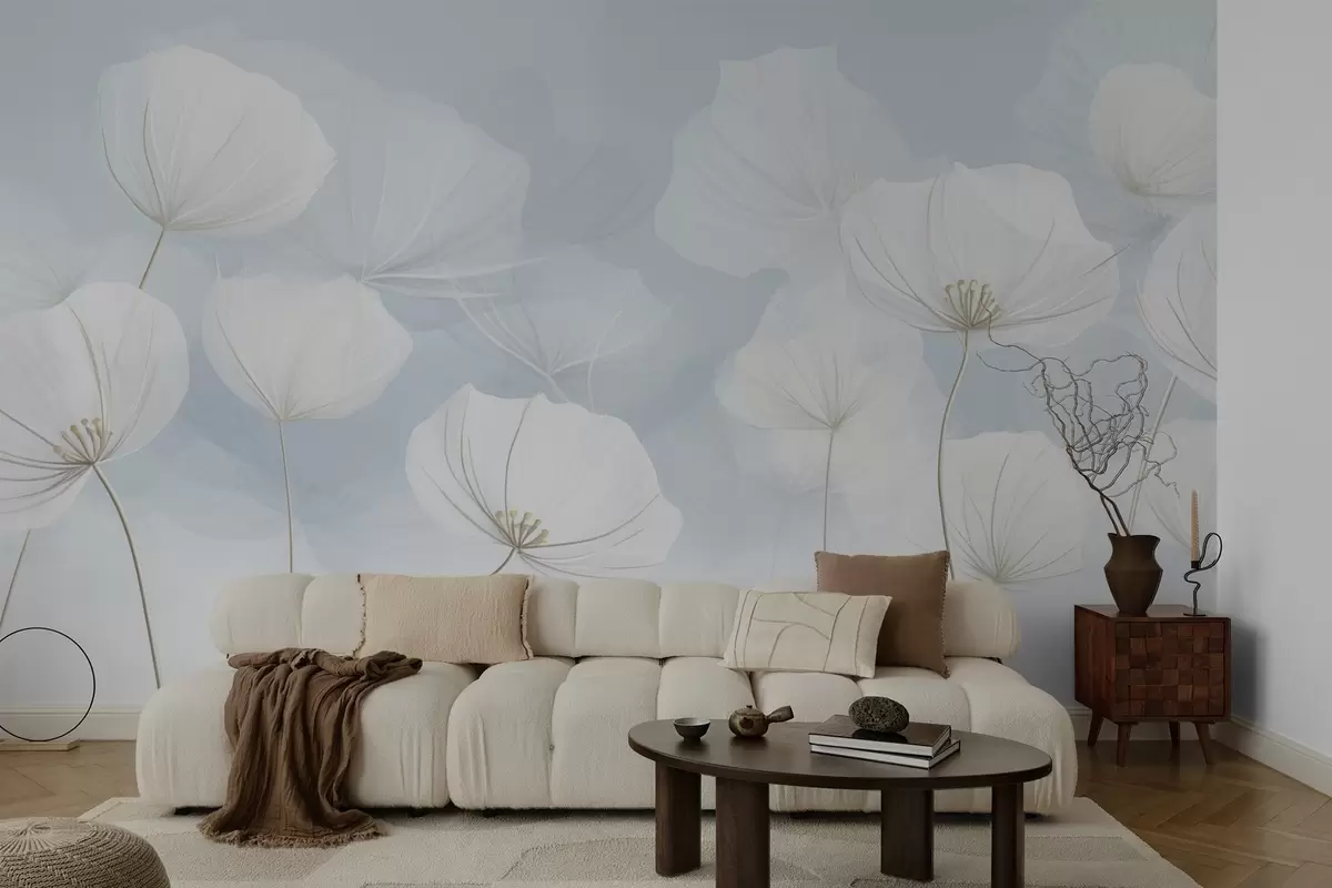 murales de pared Flores blancas y aireadas sobre fondo azul w04580