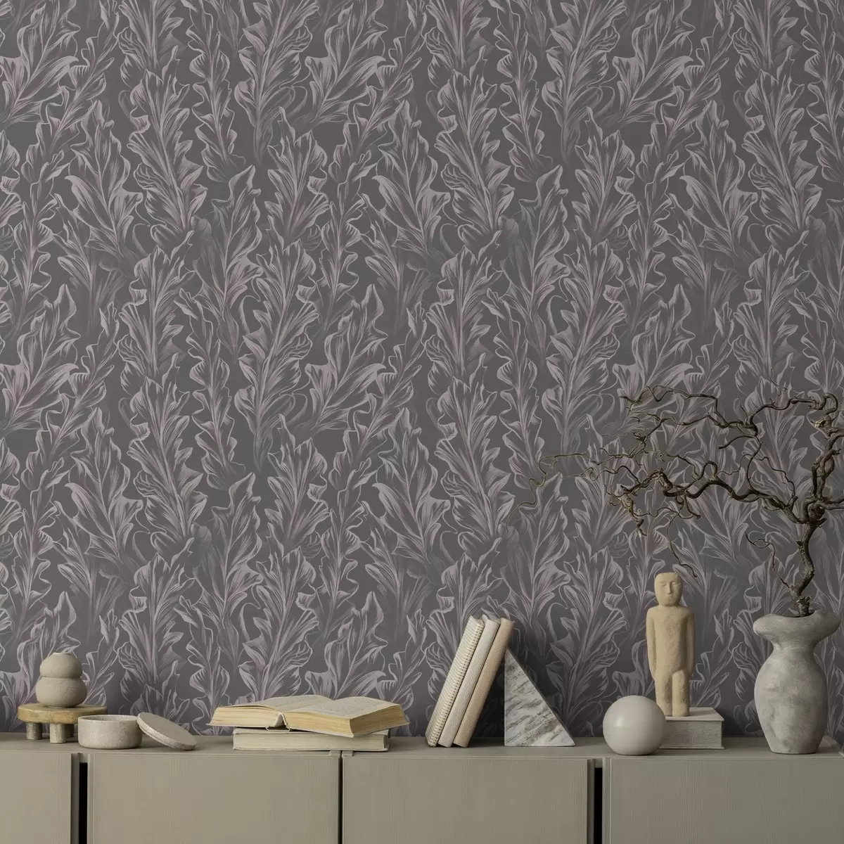 Papel pintado Ondulaciones de hojas fluidas sobre fondo grafito, alto contraste a00495v1