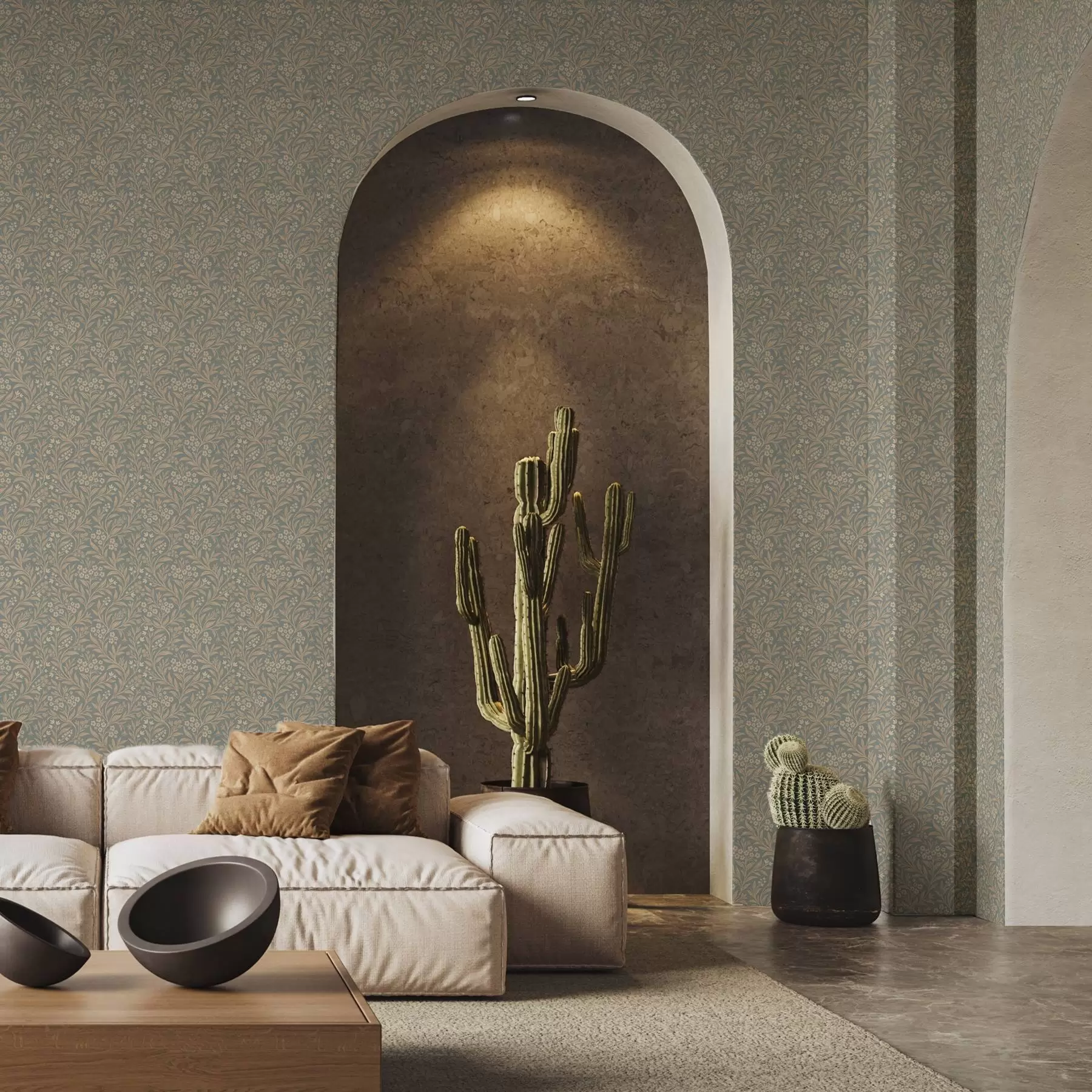 murales de pared Estilo Morris: ramas beige sobre fondo gris verdoso a00569