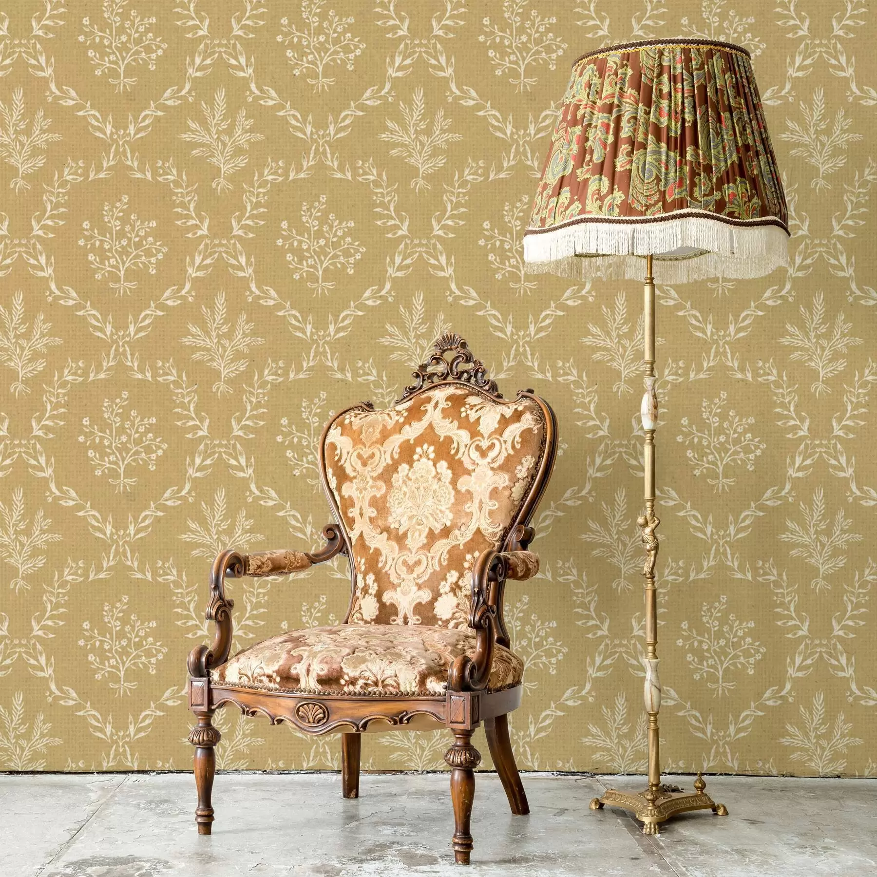 murales de pared Coronas blancas de hierbas y flores sobre fondo mostaza a00599