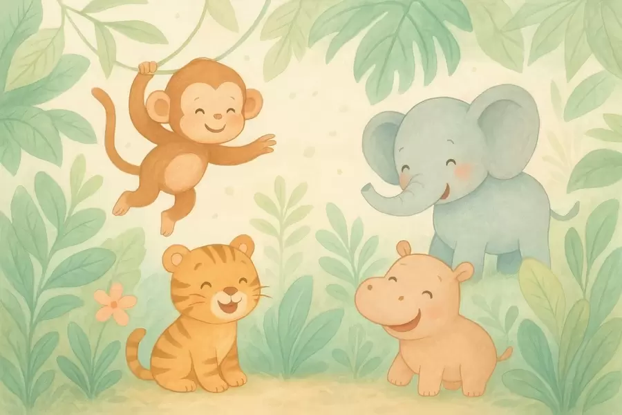 murales de pared animales bebés adorables en la selva w04622