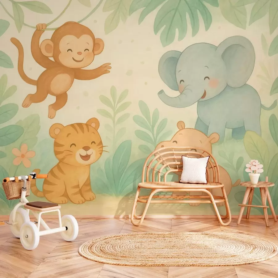 murales de pared animales bebés adorables en la selva w04622