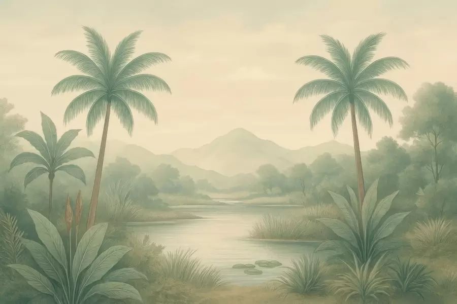 murales de pared paisaje tropical con palmeras y un río w04623