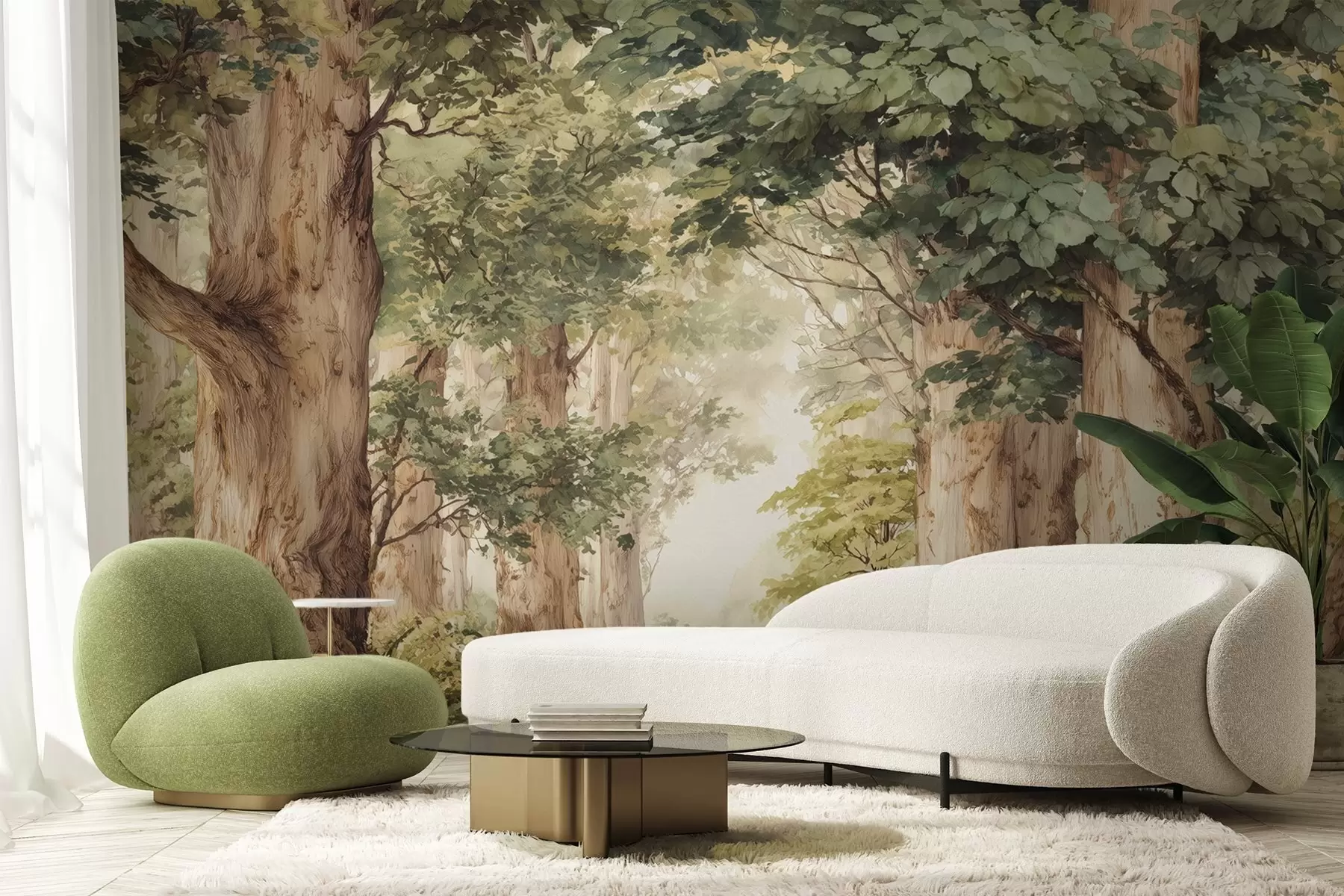 murales de pared Sendero forestal entre majestuosos árboles en estilo acuarela w09404