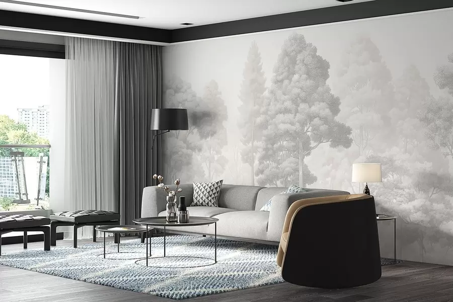 murales de pared Paisaje forestal artístico en la técnica del sombreado gráfico en blanco y negro w09411